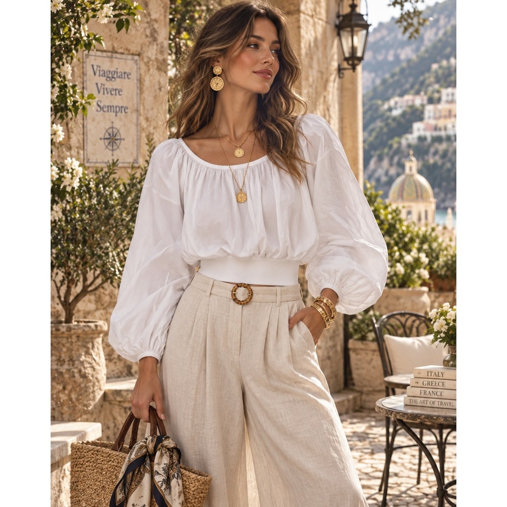 LOFT White Cotton Puff Sleeve Crop Top Ribbed Hem Blouse Small 40346519